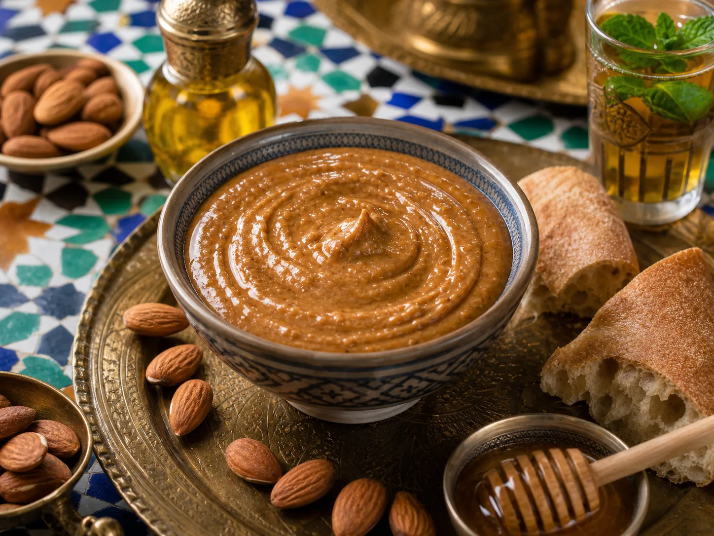 Photo réaliste d’amlou aux amandes, miel et huile d’argan.
