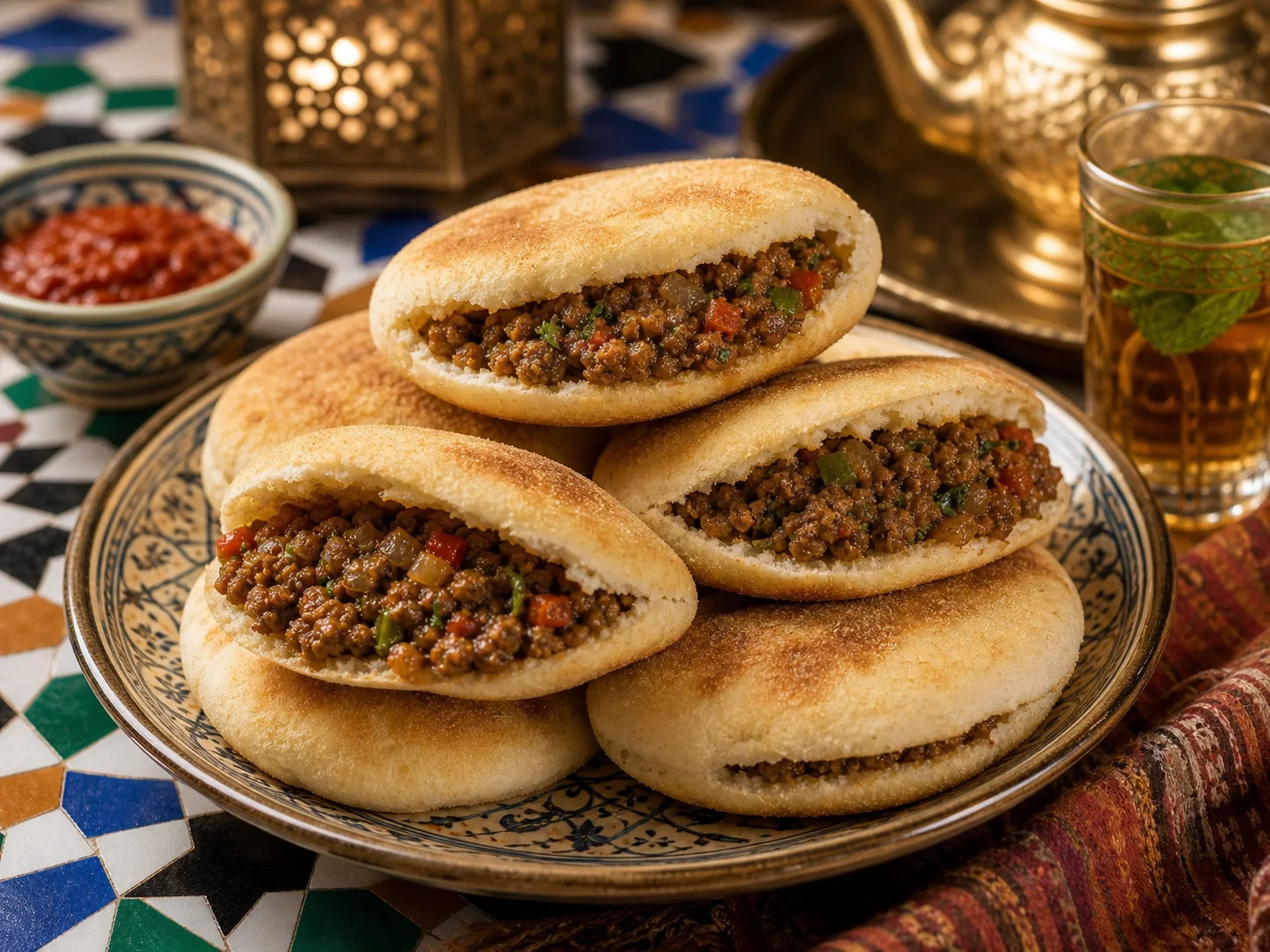 Photo réaliste de batbouts marocains farcis à la viande hachée.