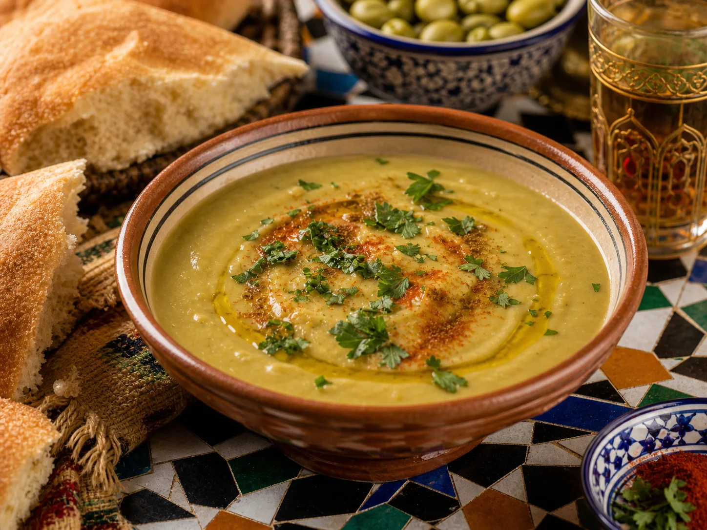 Photo réaliste d’une bissara marocaine aux fèves servie avec cumin et huile d’olive.