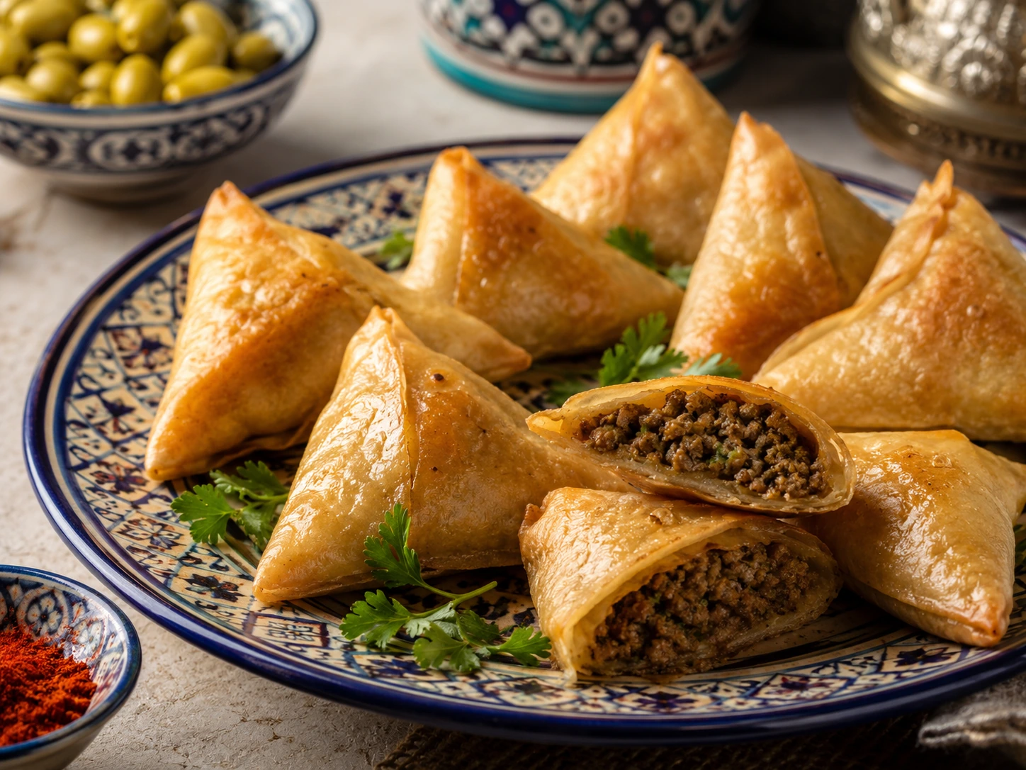 Photo réaliste de briouates marocaines à la viande.