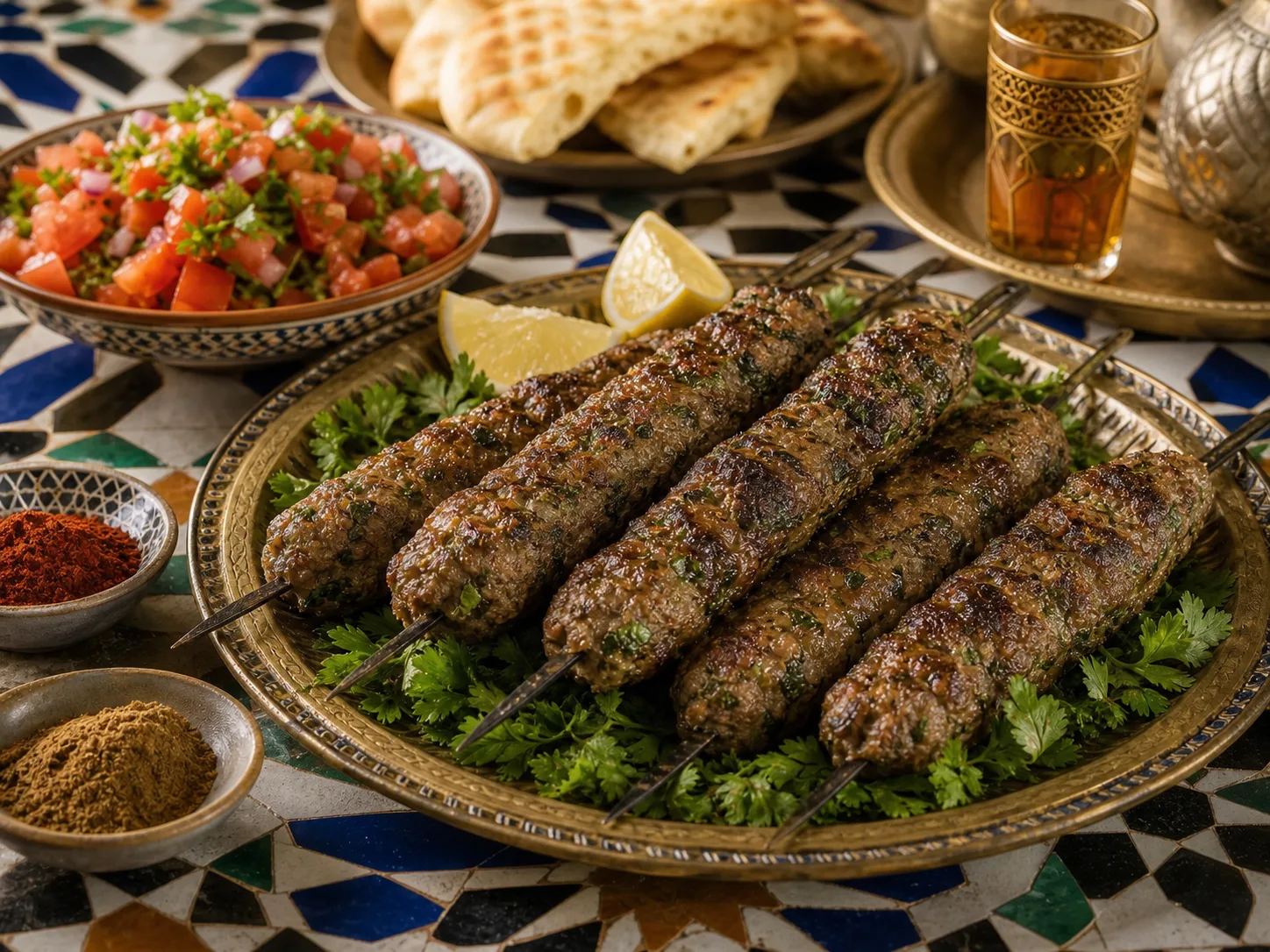 Photo réaliste de brochettes marocaines de kefta aux épices.