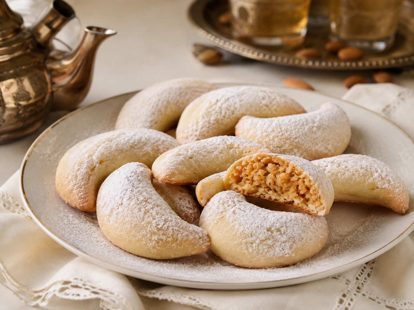 Photo réaliste de cornes de gazelle marocaines aux amandes.