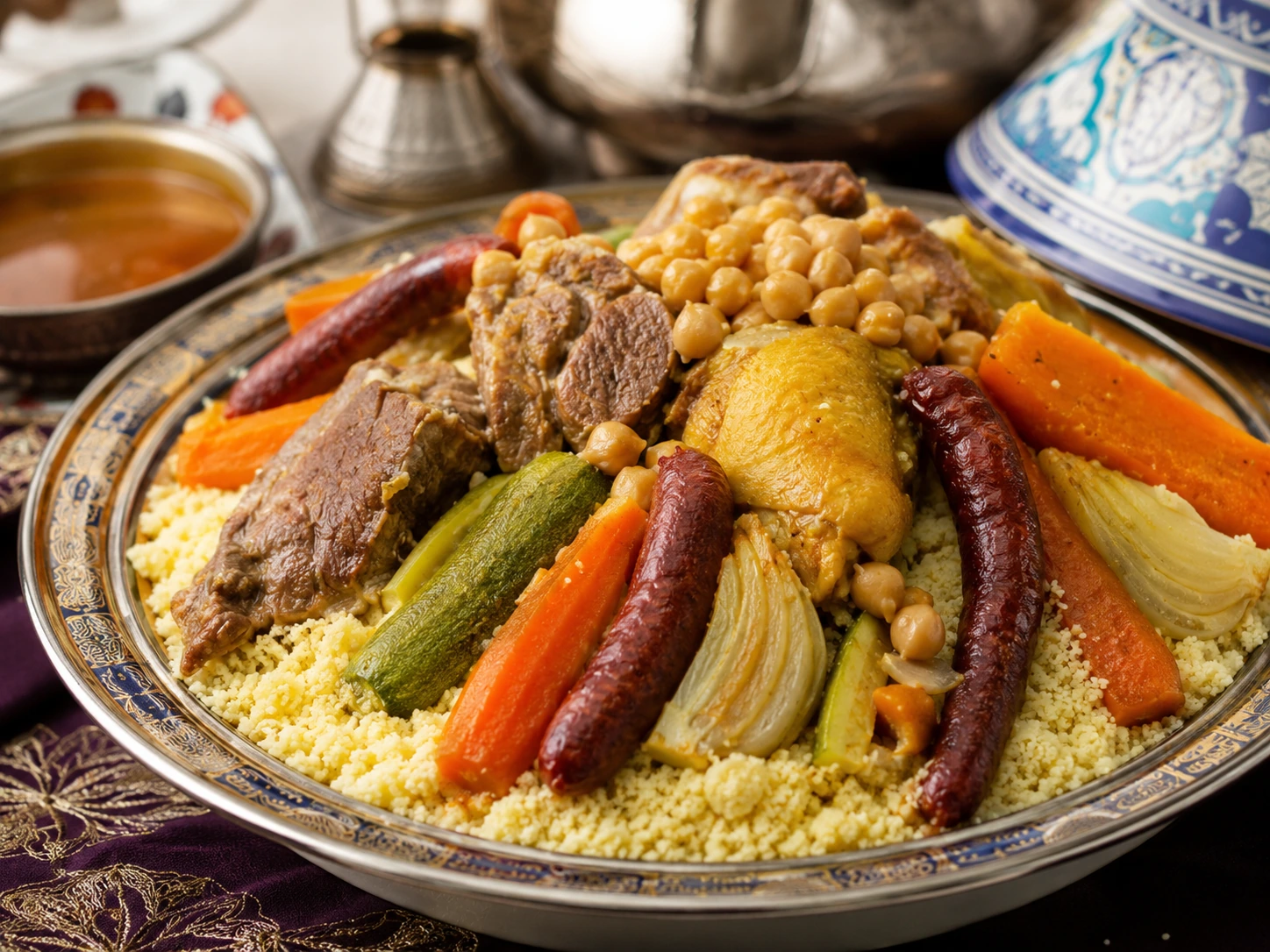Photo réaliste d’un couscous royal marocain généreux.