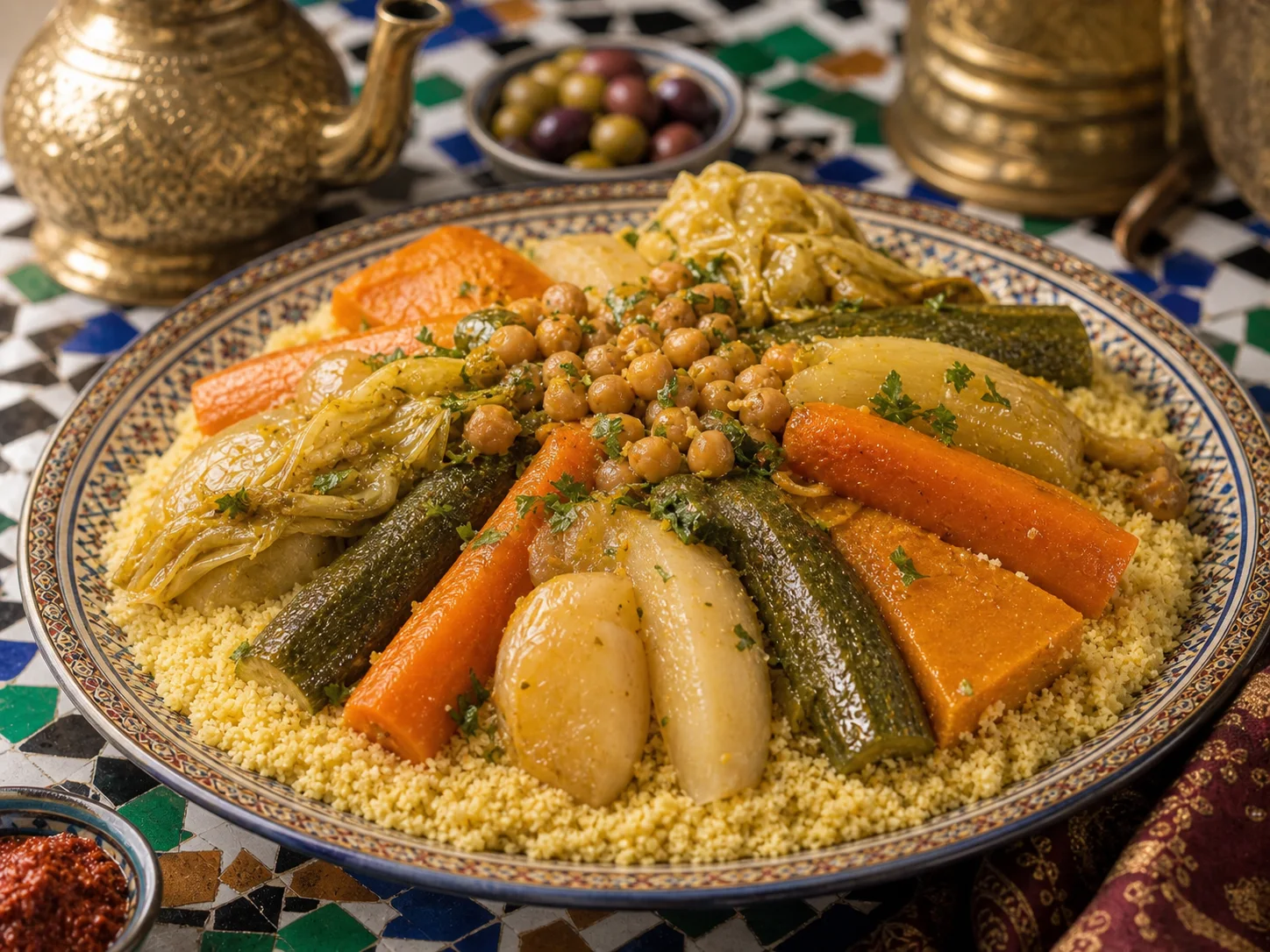 Photo réaliste d’un couscous marocain aux sept légumes.