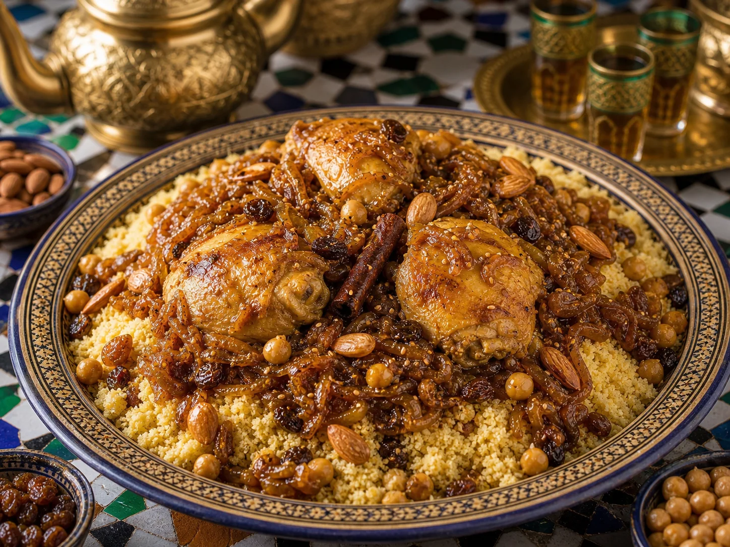 Photo réaliste d’un couscous tfaya aux oignons caramélisés.