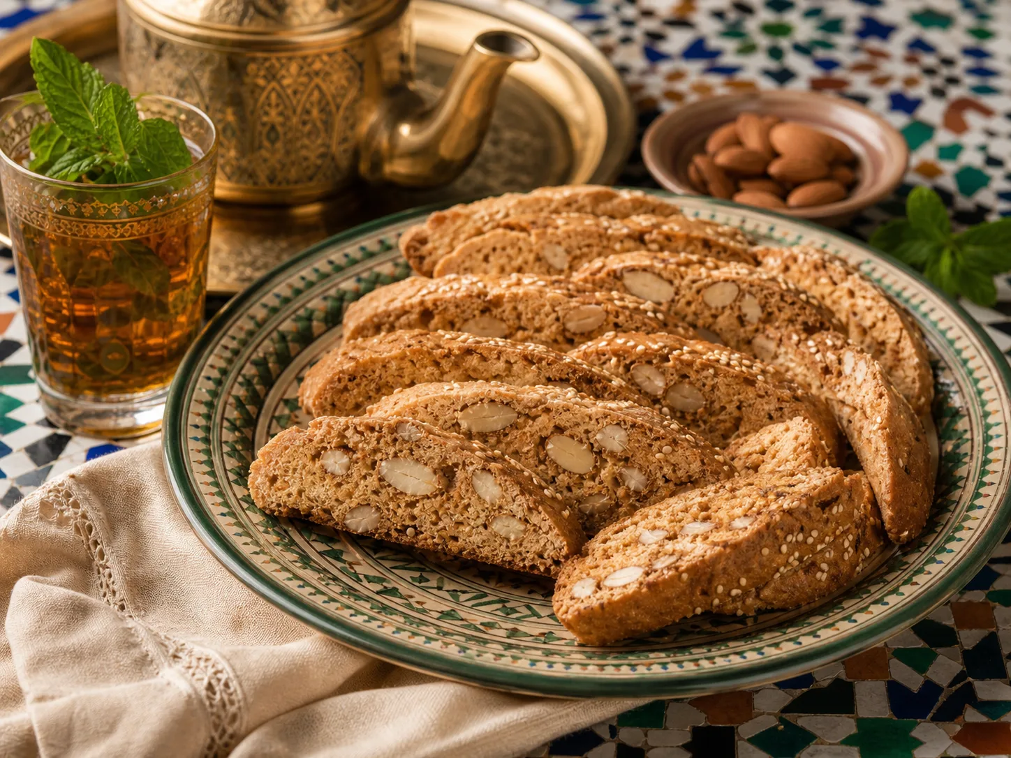 Photo réaliste de fekkas marocains aux amandes servis avec du thé.