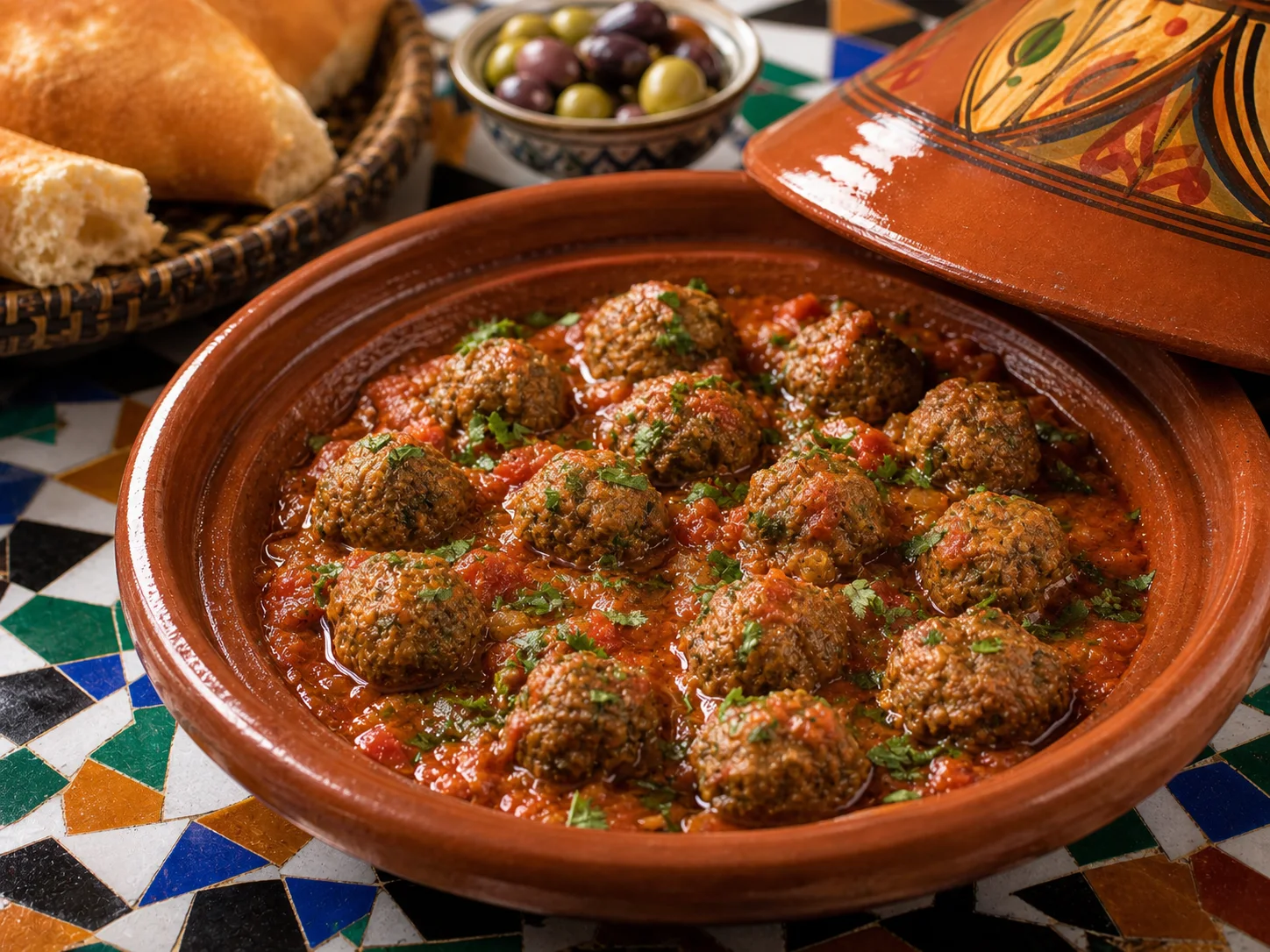 Photo réaliste d’une kefta marocaine aux tomates sans œufs.
