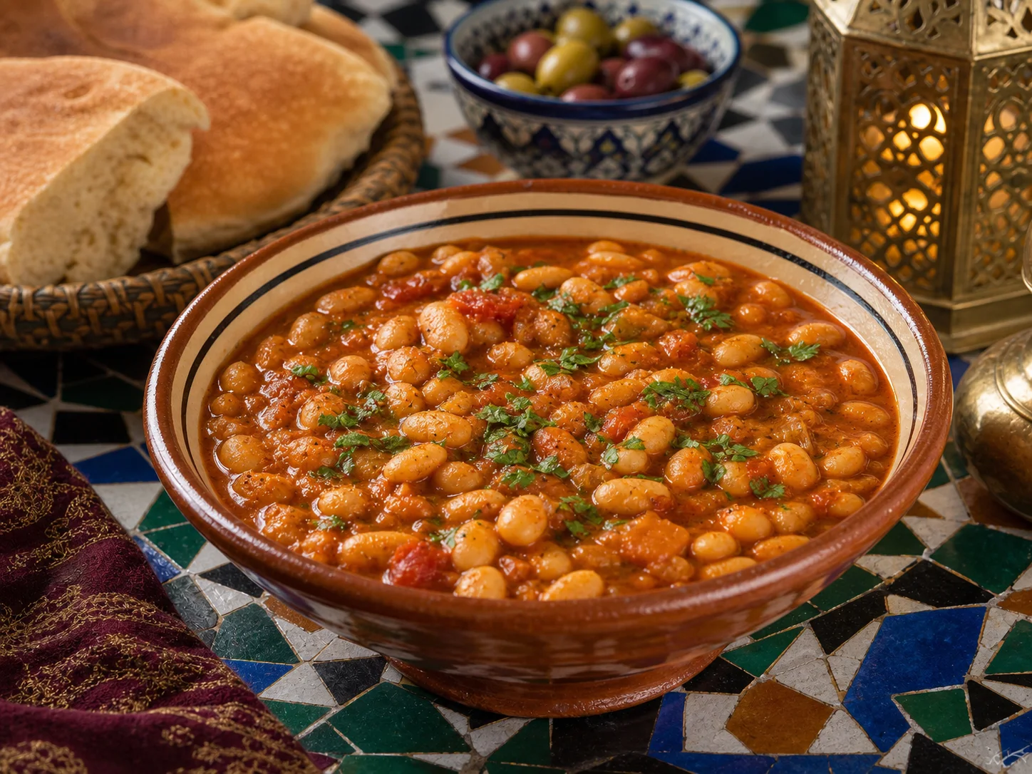 Photo réaliste d’une loubia marocaine aux tomates et haricots blancs.