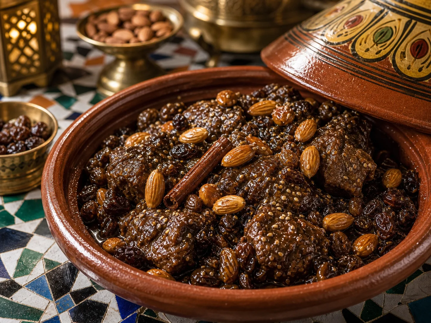 Photo réaliste d’une mrouzia marocaine aux raisins secs et amandes.