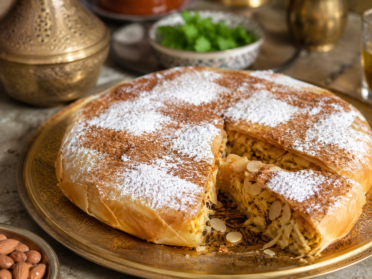 Photo réaliste d’une pastilla au poulet de Fès avec une part découpée.