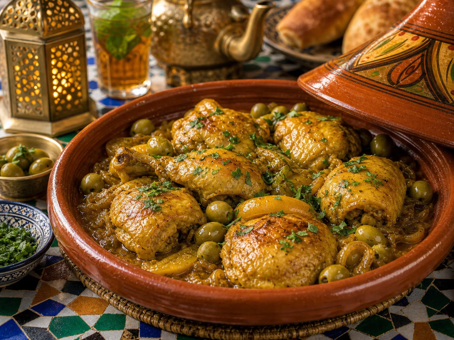 Photo réaliste d’un poulet m’qualli marocain aux olives et citron confit.