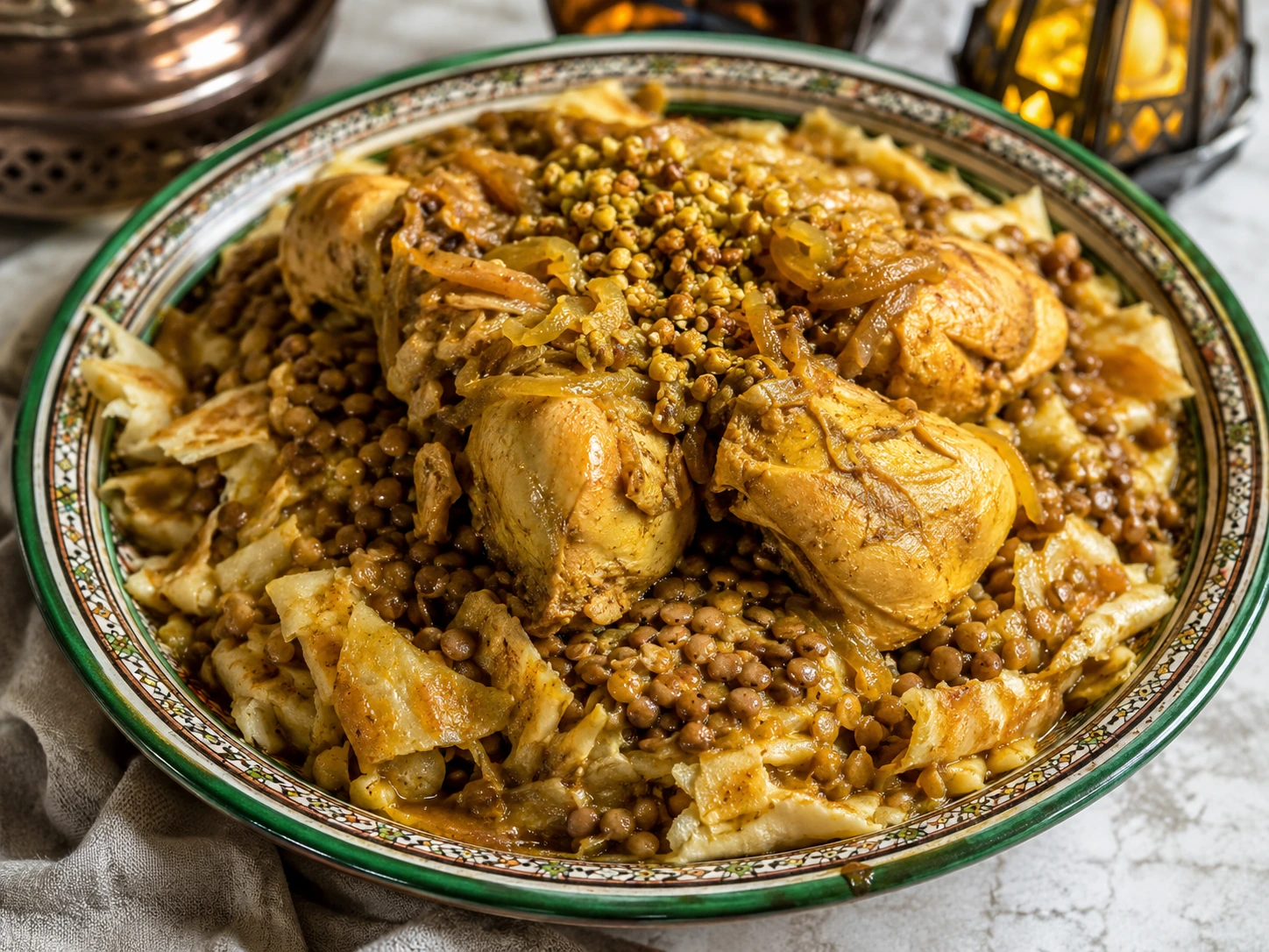 Photo réaliste d’une rfissa marocaine au poulet et lentilles.