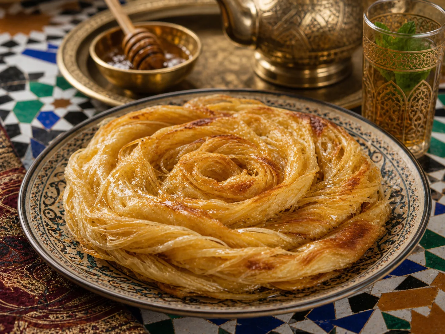 Photo réaliste de rziza marocaine servie avec miel et thé à la menthe.