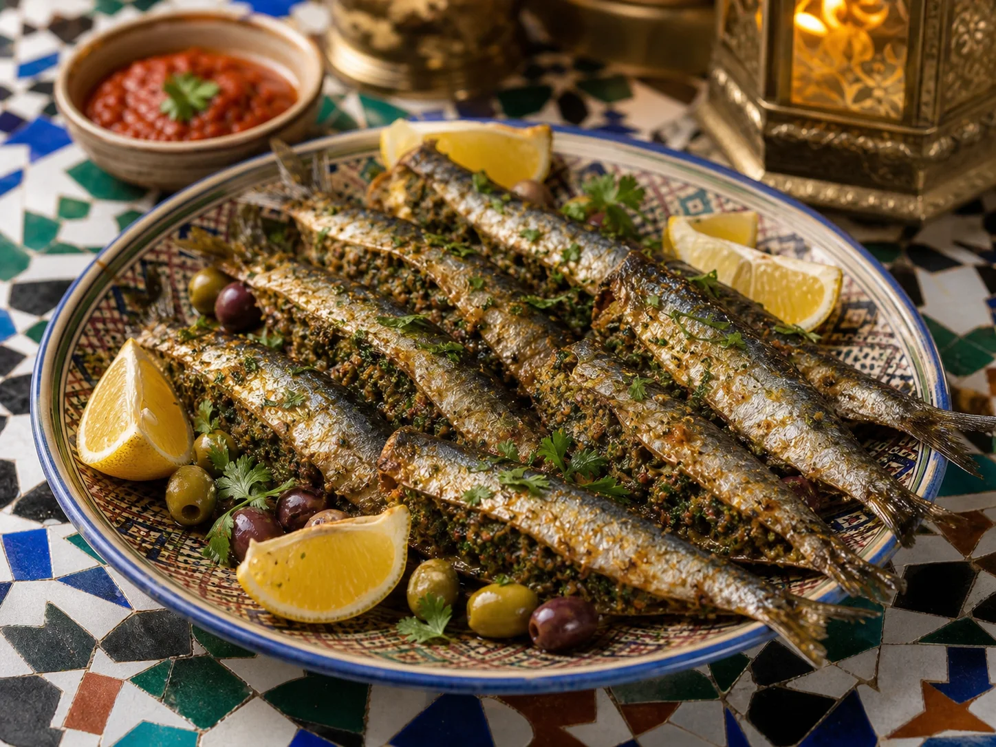 Photo réaliste de sardines marocaines farcies à la chermoula.