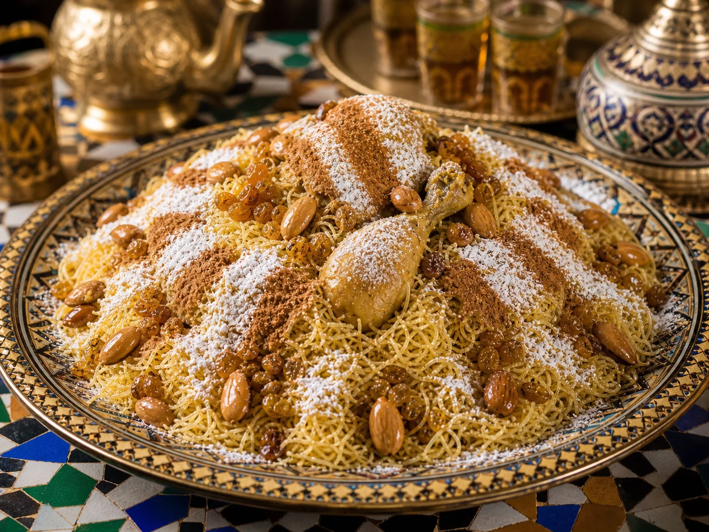 Photo réaliste d’une seffa medfouna marocaine au poulet.