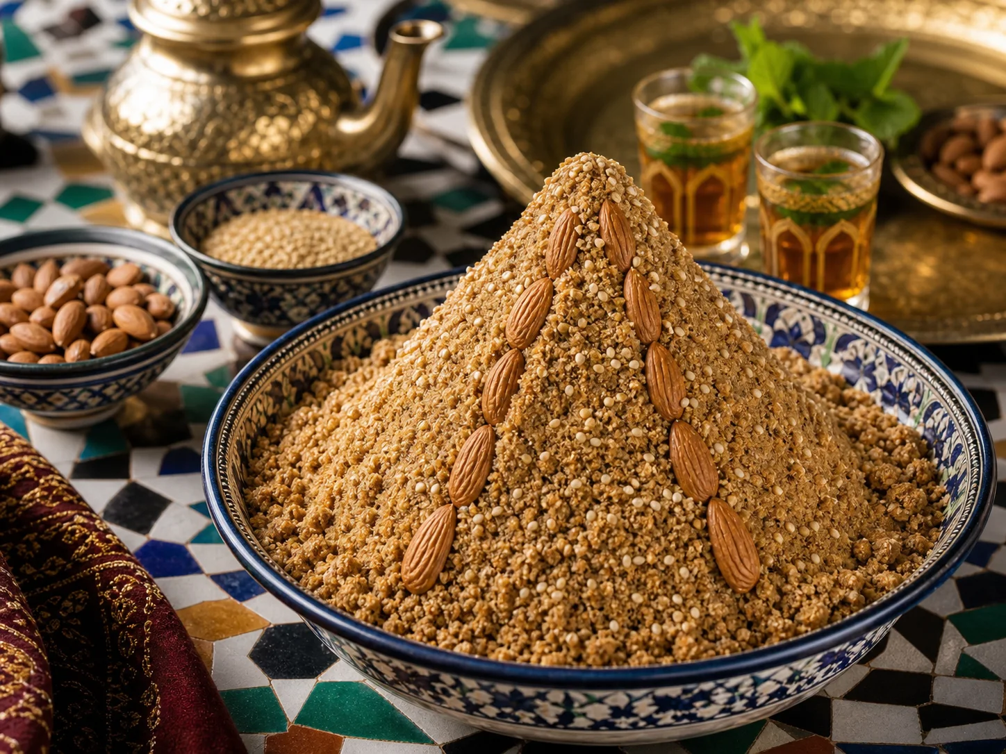 Photo réaliste de sellou marocain aux amandes et sésame.