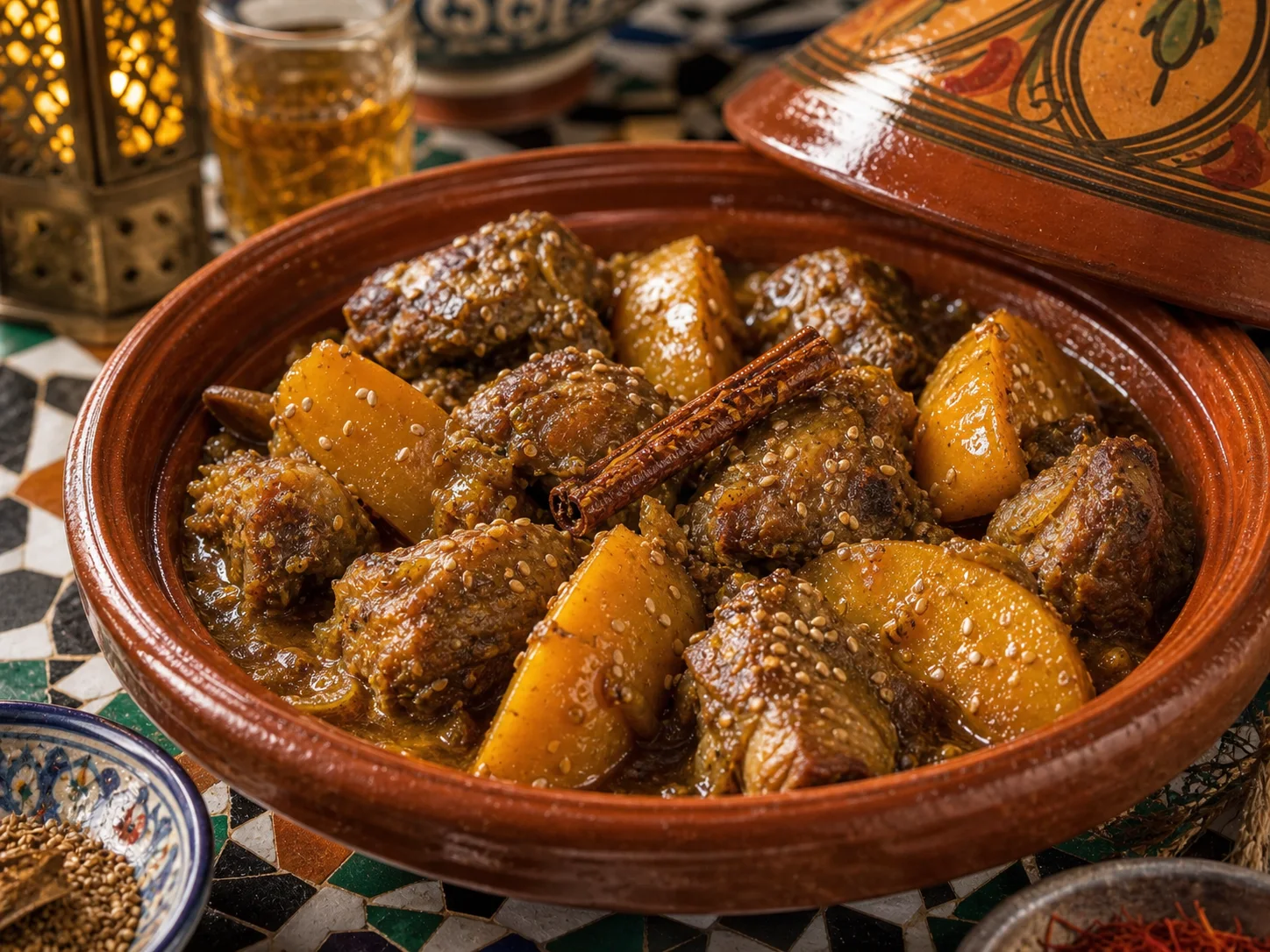 Photo réaliste d’un tajine marocain d’agneau aux coings.