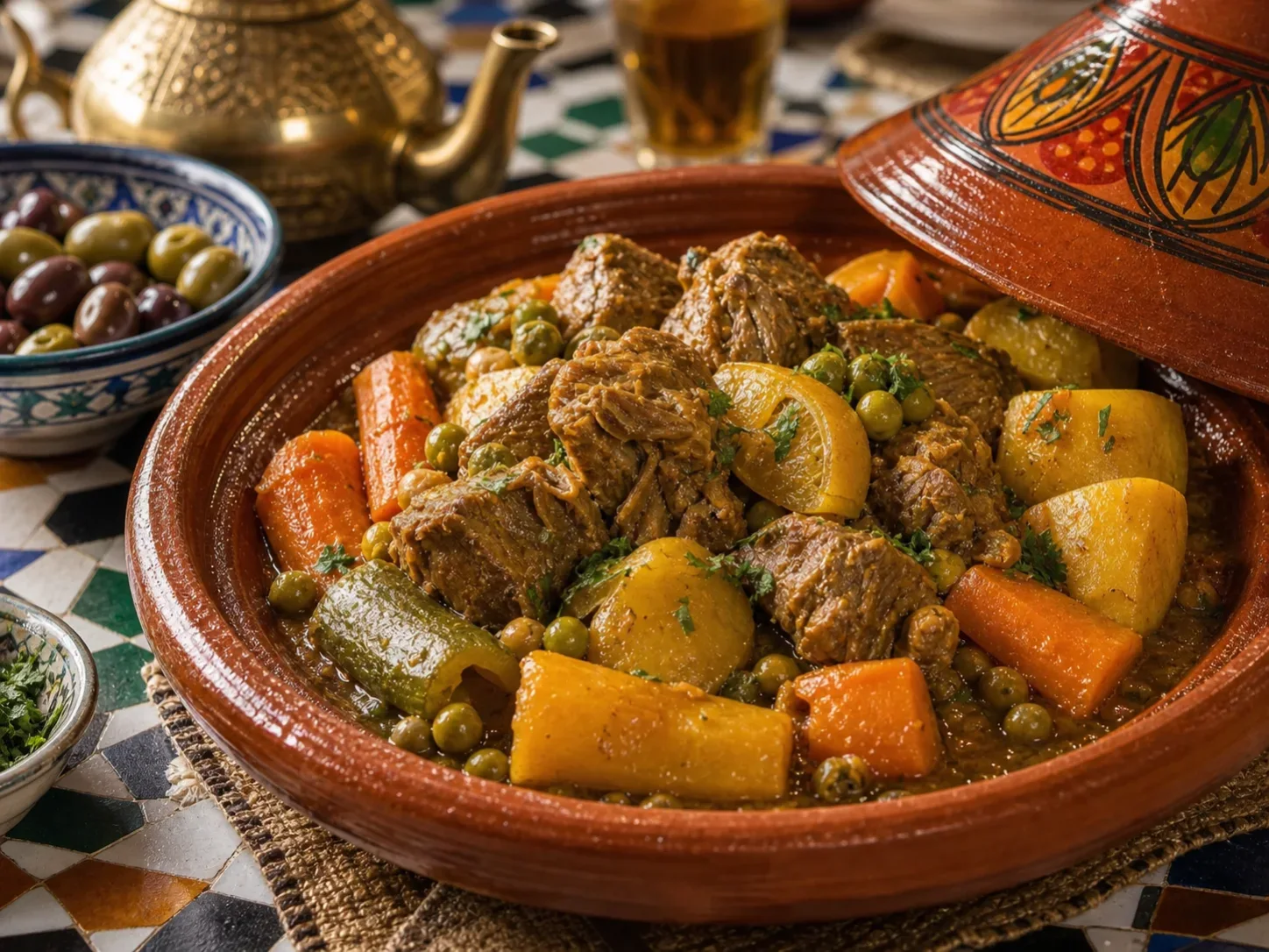 Photo réaliste d’un tajine marocain d’agneau aux légumes.