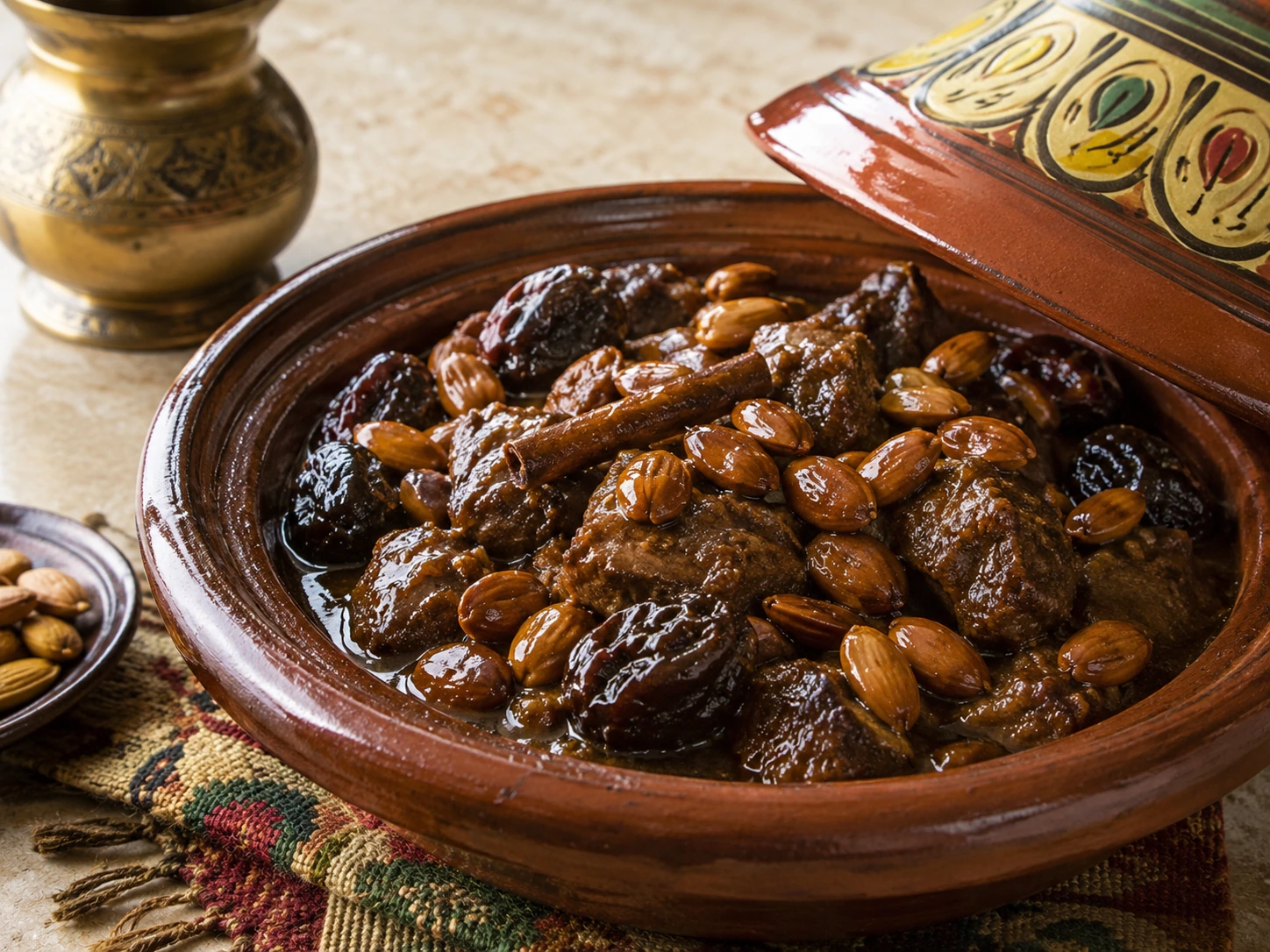 Photo réaliste d’un tajine de bœuf aux pruneaux et amandes.