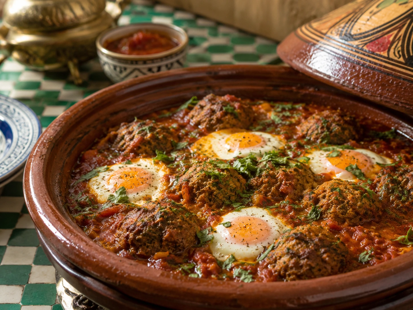 Photo réaliste d’un tajine marocain de kefta aux œufs.