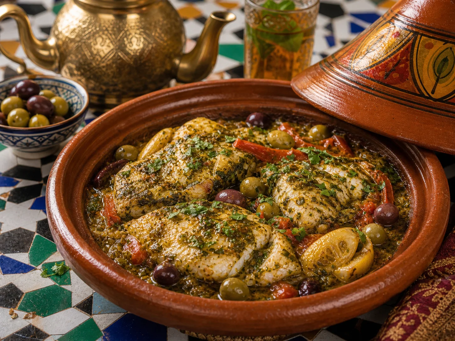 Photo réaliste d’un tajine marocain de poisson à la chermoula.