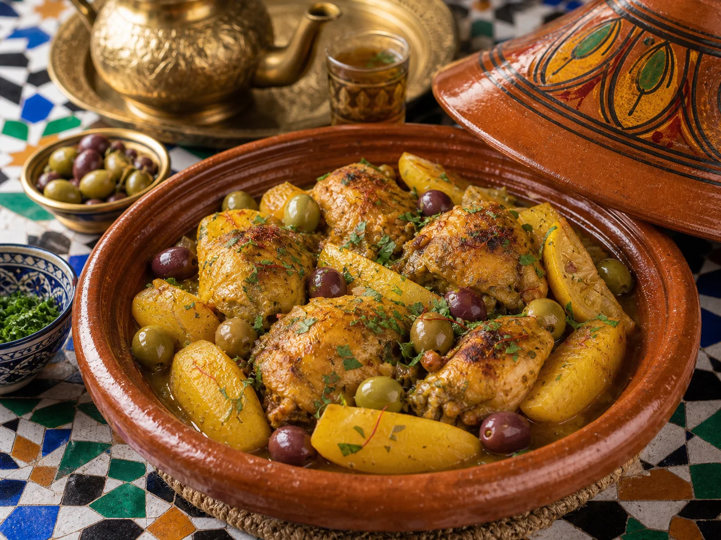 Photo réaliste d’un tajine de poulet aux pommes de terre et olives.
