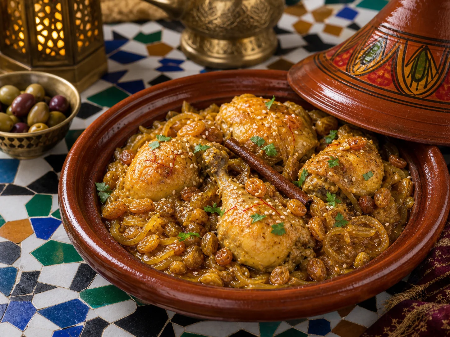 Photo réaliste d’un tajine de poulet aux raisins et oignons.