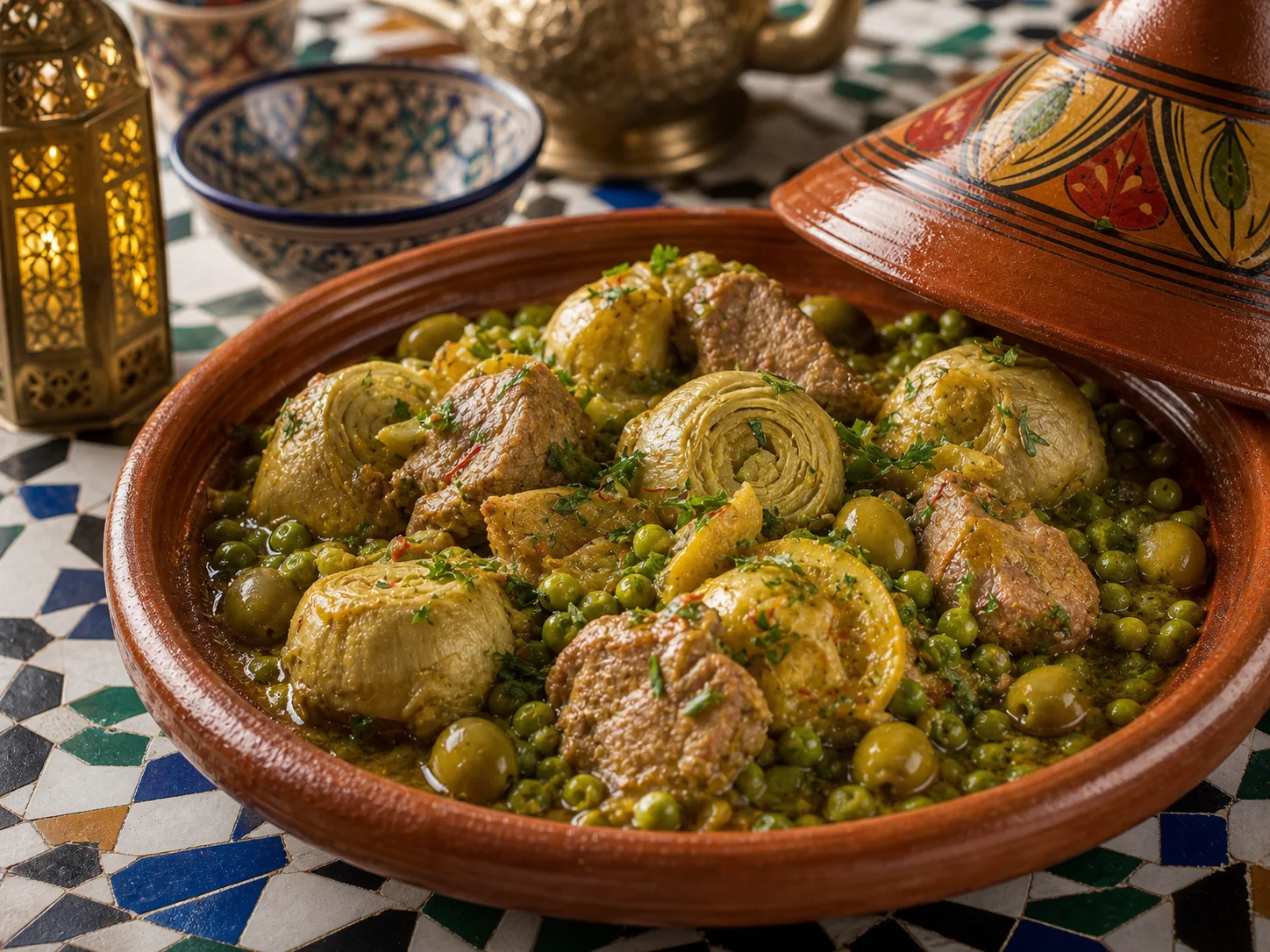 Photo réaliste d’un tajine de veau aux artichauts et petits pois.