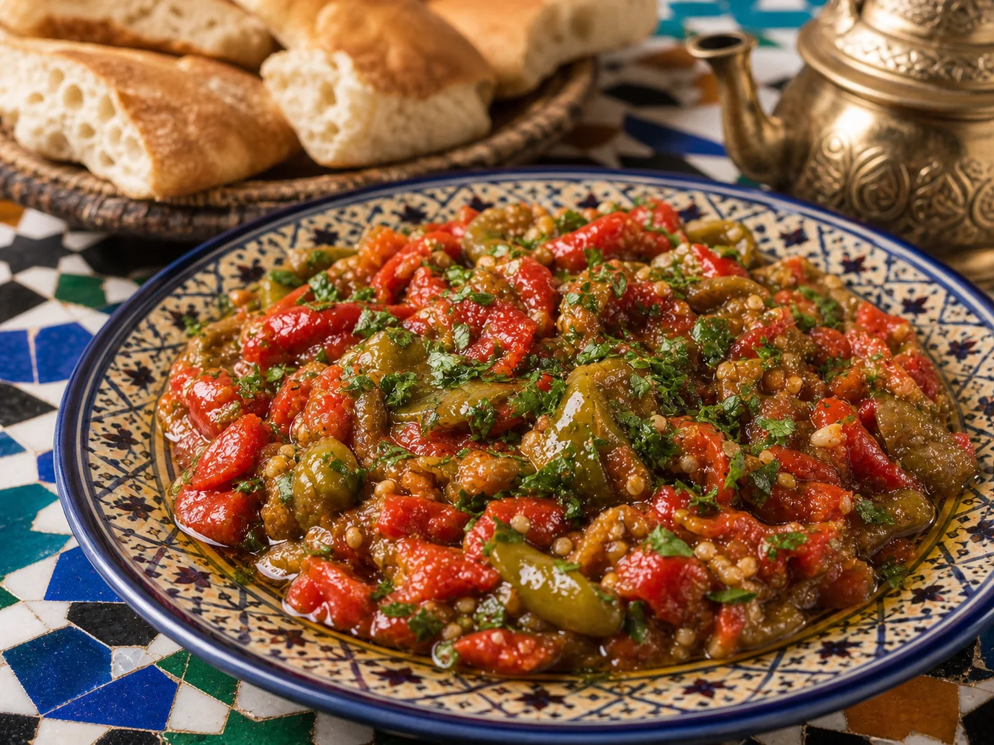 Photo réaliste d’une taktouka marocaine aux poivrons grillés.