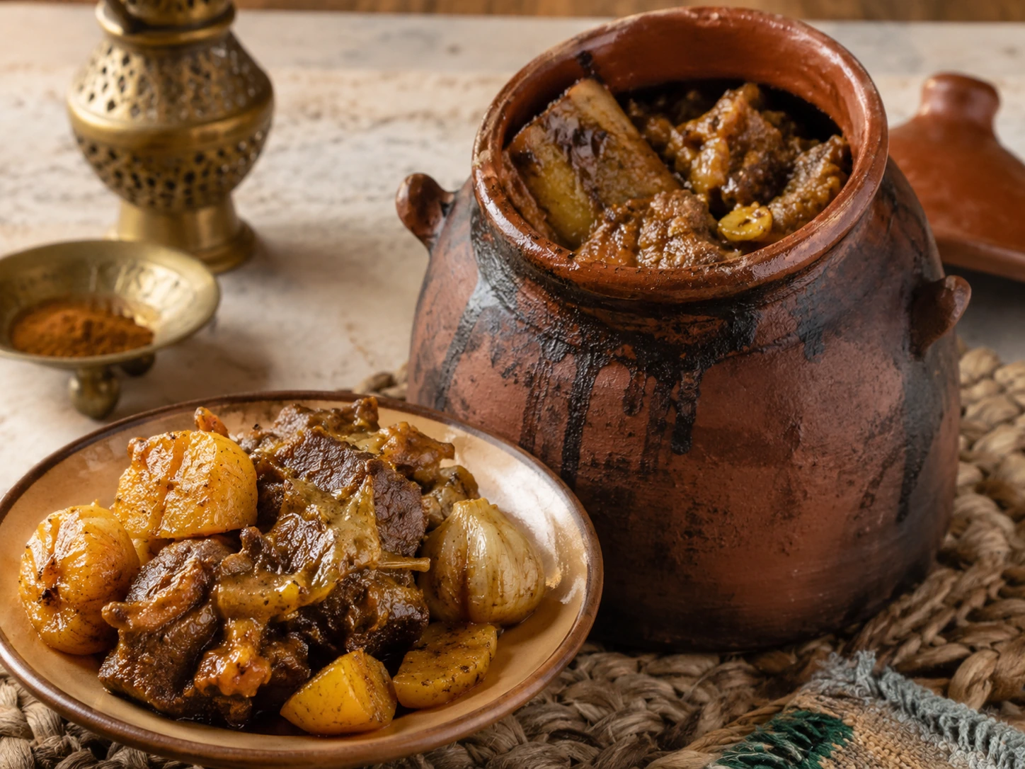 Photo réaliste d’une tanjia marrakchia servie dans un pot en argile.