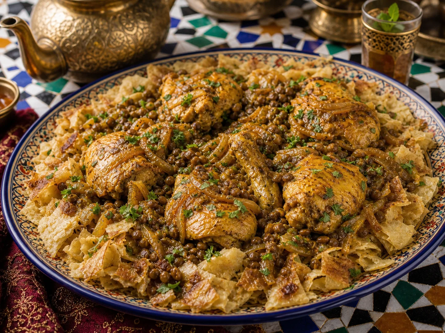 Photo réaliste d’un trid marocain au poulet, lentilles et oignons.