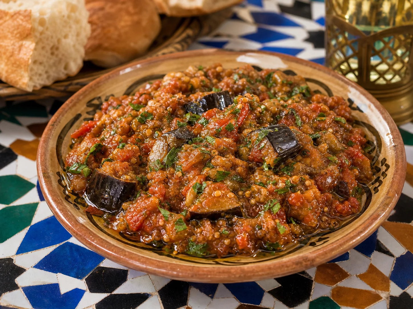 Photo réaliste d’un zaalouk marocain aux aubergines servi sur zellige.
